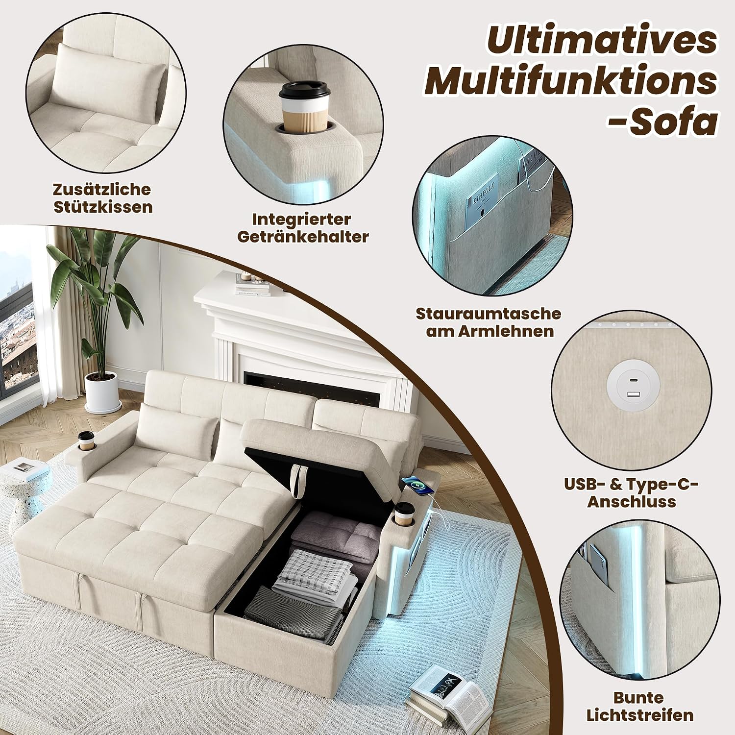 ladez Sofá Cama esquinero en Forma de L con función de Dormir con LED y Conexiones USB, Respaldo Ajustable, sofá esquinero de 3 plazas con Espacio de Almacenamiento, Chaise Longue para salón