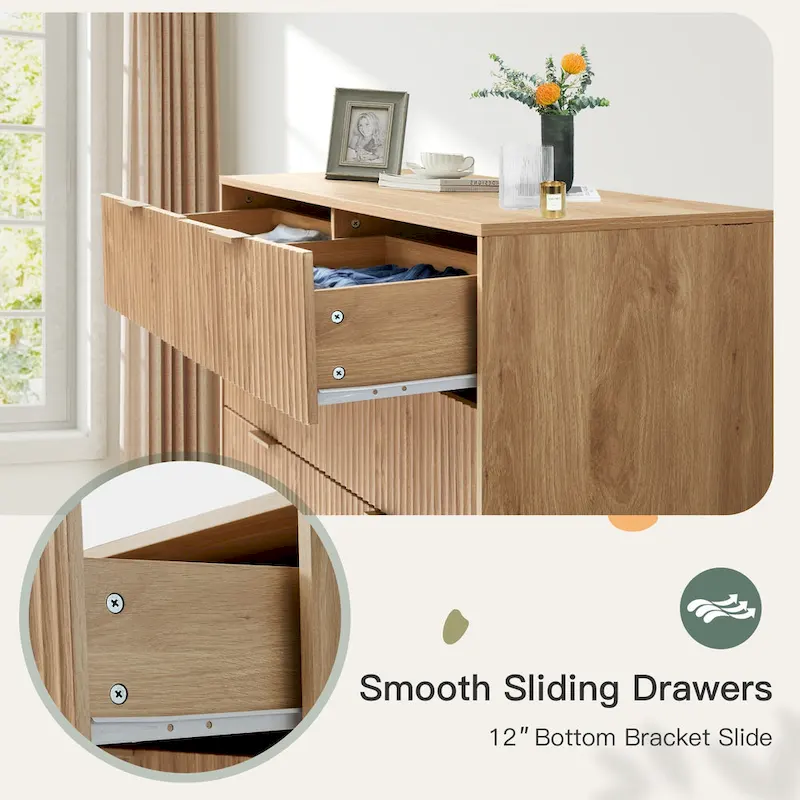EROMMY Mid-Century Modern 6-Drawer Fluted Dresser - Wide Chest with Metal Handles for Bedroom and Living Room