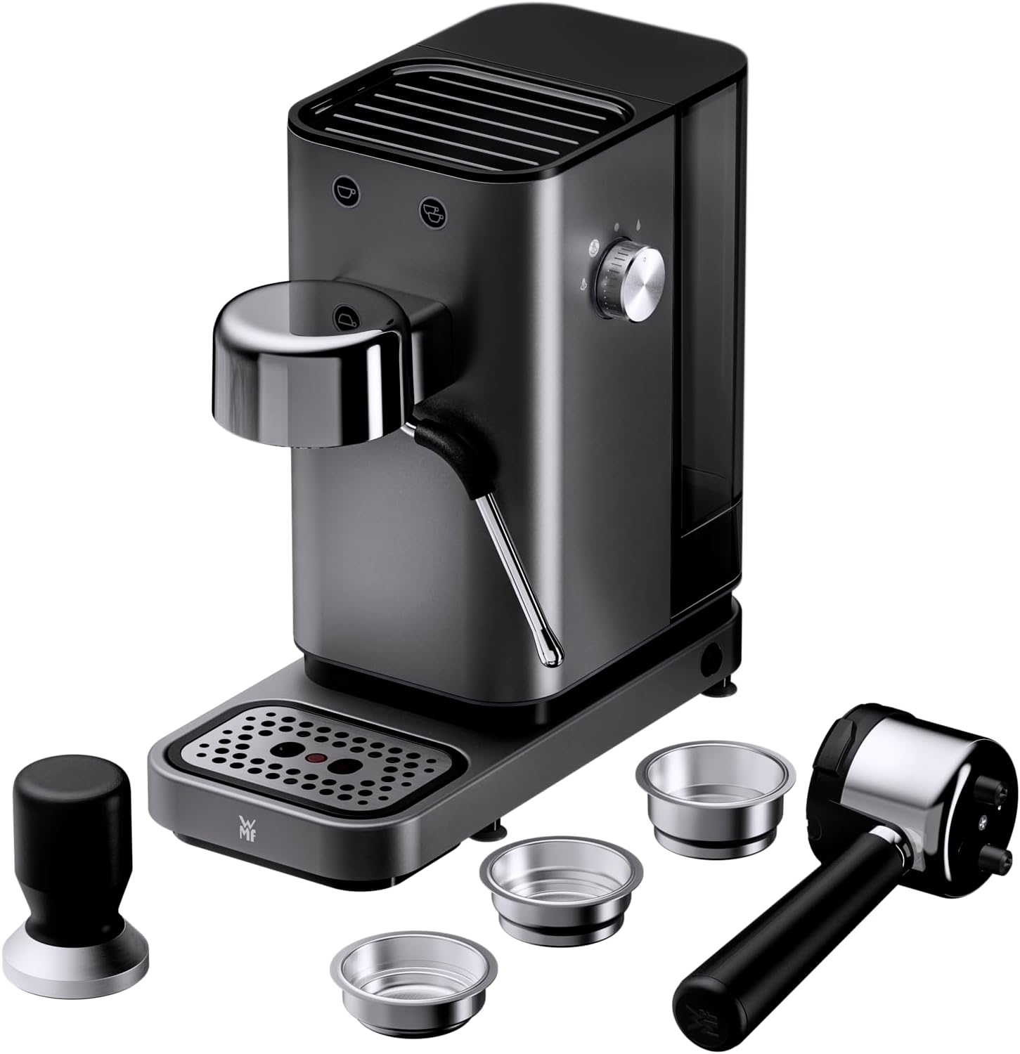 WMF Lumero Espressomaschine Siebträger 1400 Watt, Siebträgermaschine, 3 Einsätze, für 1-2 Tassen Espresso, auch für Pads, 15 bar, Tassenabstellfläche, Milchaufschäumdüse, grau
