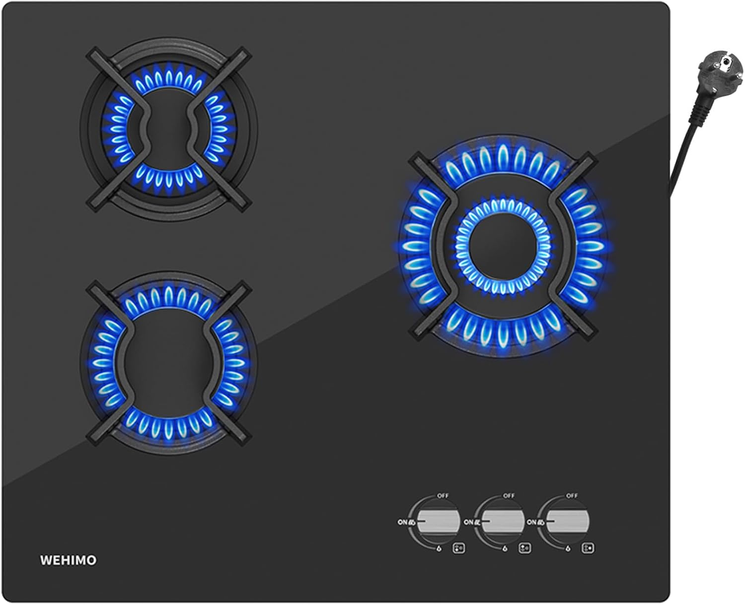 Wehimo - Placa de cocina de gas de 3 fuegos, placa de gas de 3 fuegos empotrable, mesa de cocción 60 cm, rejilla hierro fundido, 7750 W, cristal negro