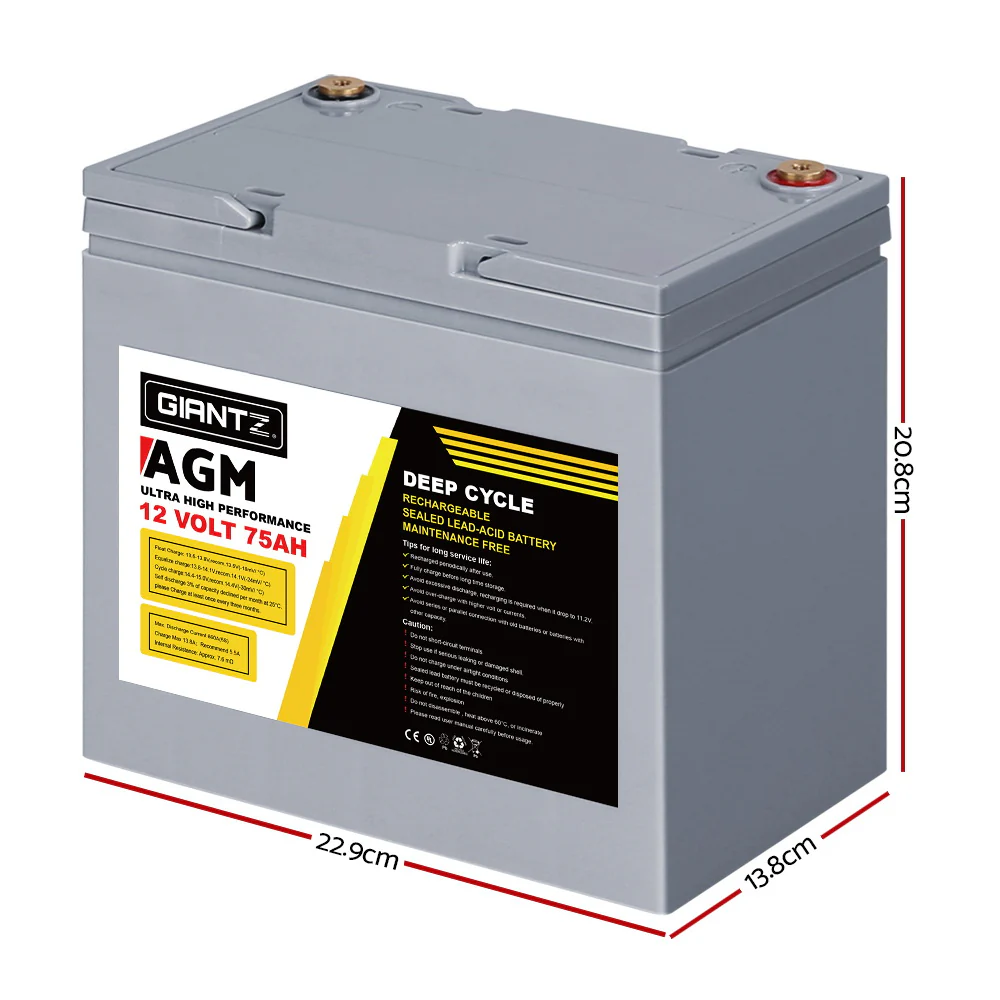 Giantz AGM Deep Cycle Battery 12V 75Ah Box Portable Solar Caravan Camping