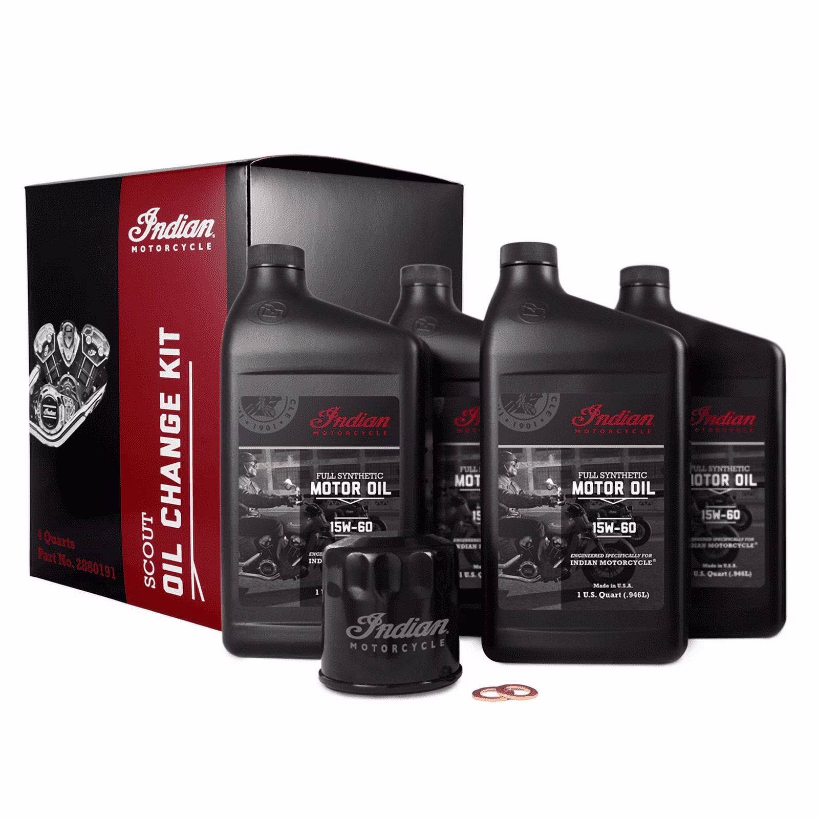 Indian Motorcycle Scout Oil Change Kit with Full Synthetic 15W-60 Motor Oil, 4 Quarts, 2 Washers