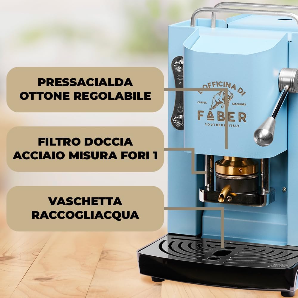 FABER COFFEE MACHINES | Modell Pro Deluxe | Kaffeepadmaschine für 44 mm ESE-Pads | Chrom-Finish | Padpresse aus Messing (Turquoise)