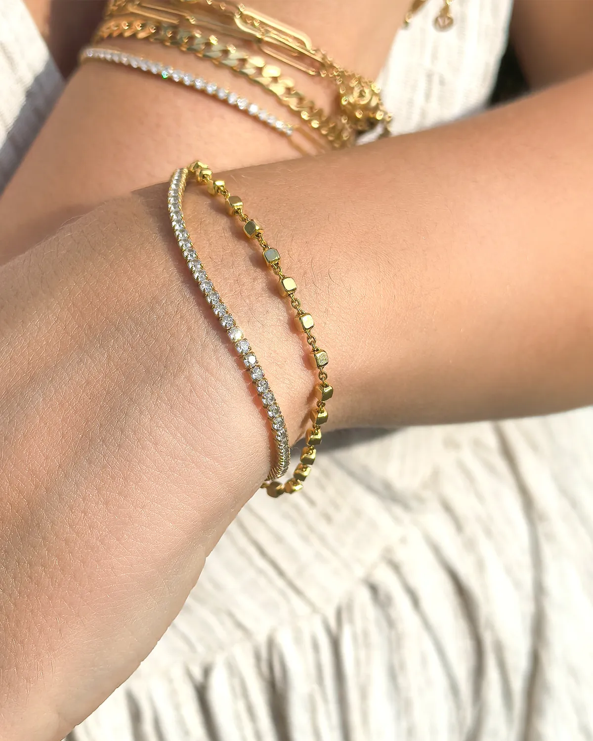 Double Row Tennis & Box Chain Bracelet – 18K Gold
