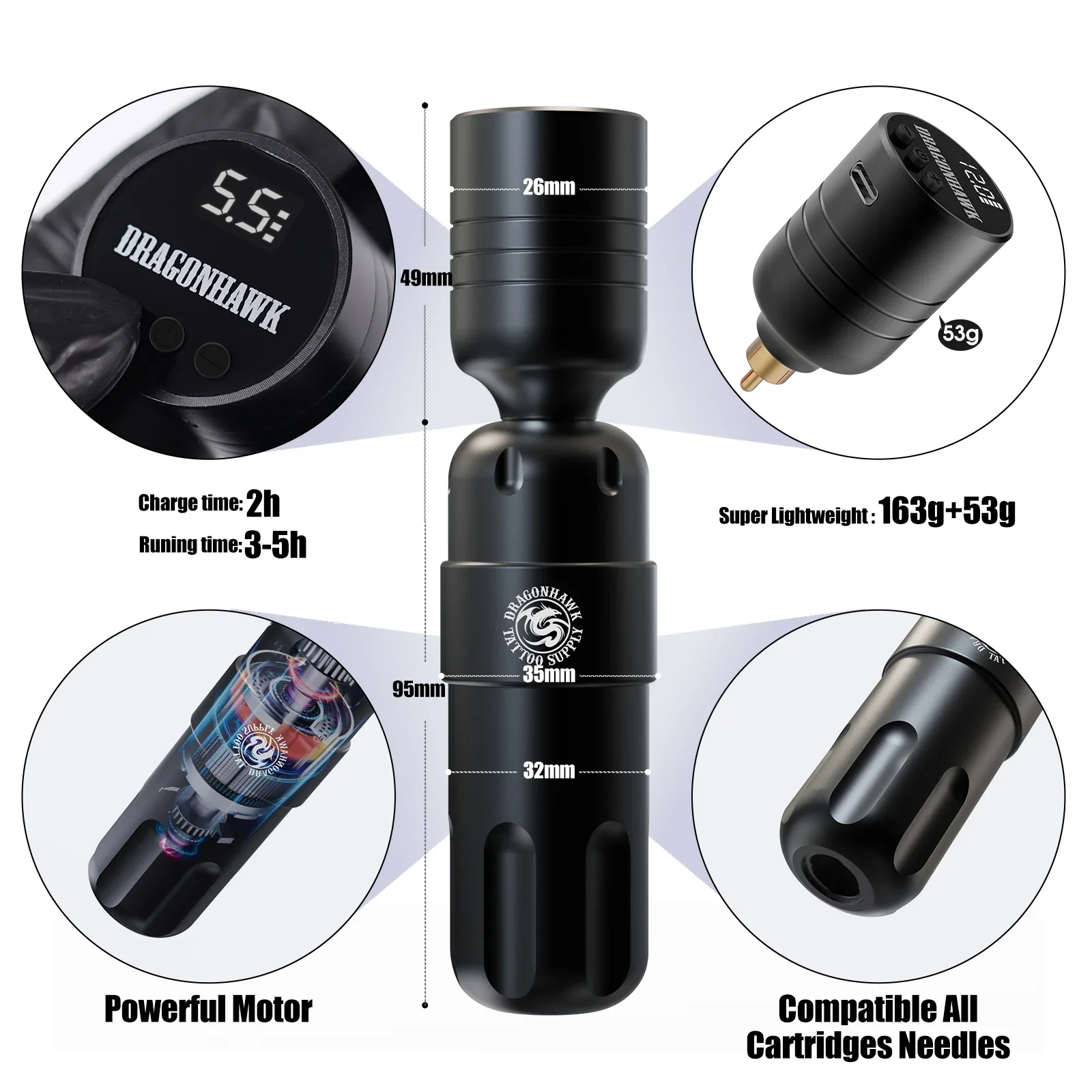 Kit de Máquina de Tatuaje Inalámbrica Dragonhawk S8 con Carrera de 3.5MM