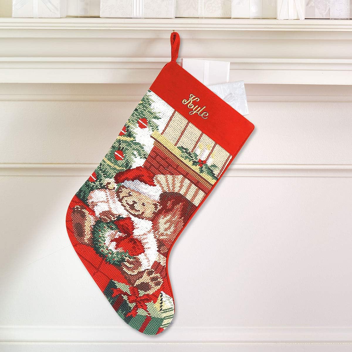 Lillian Vernon Personalized Needlepoint Reindeer Stocking - Heirloom Christmas Stocking, 100% Wool, 9.5” W x 17” L