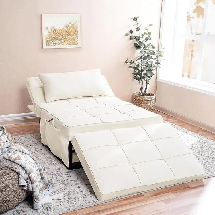 Sleeper Chair Bed, 4 In 1 Multi-Function Convertible Ottoman Bed, Breathable Linen Bed Chair, Convertible Sofa Bed