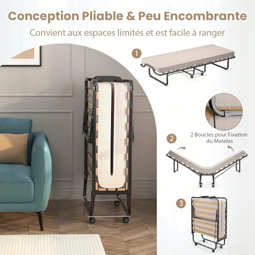 COSTWAY Letto Pieghevole, Beige, 90x200cm Matelas 10cm : Casa e cucina