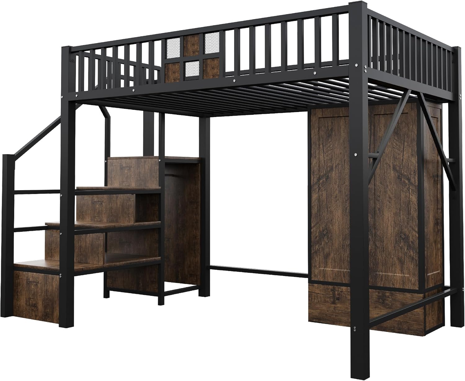 Merax Hochbett aus Metall, 140 x 200 cm, mit Drahtgitter, integriertem Schrank, Schubladen und Aufbewahrungsleiter, platzsparendes Kinderbett, modern und robust, schwarz (ohne Matratze)