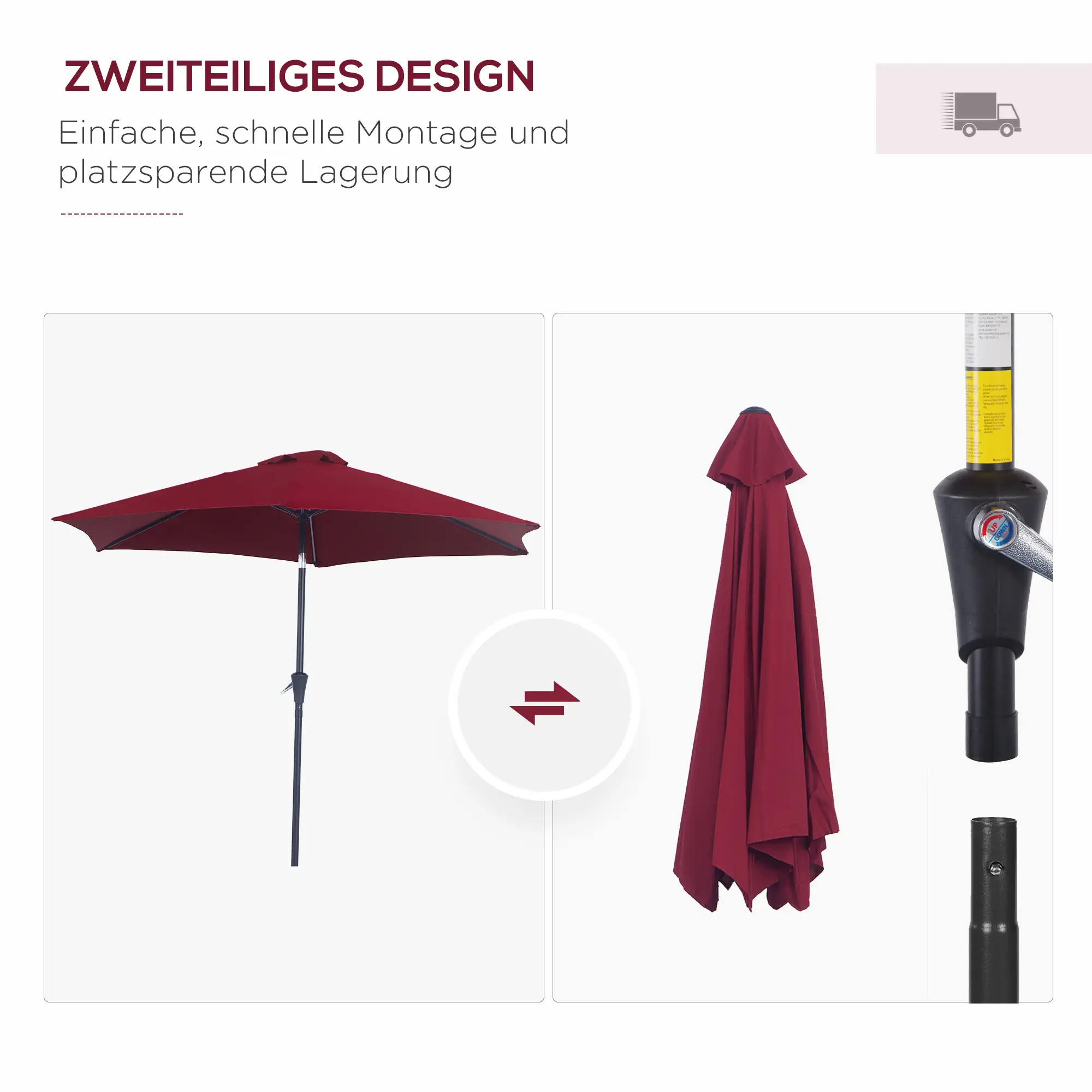 Outsunny Sonnenschirm Kippfunktion Handkurbel Aluminium Rot