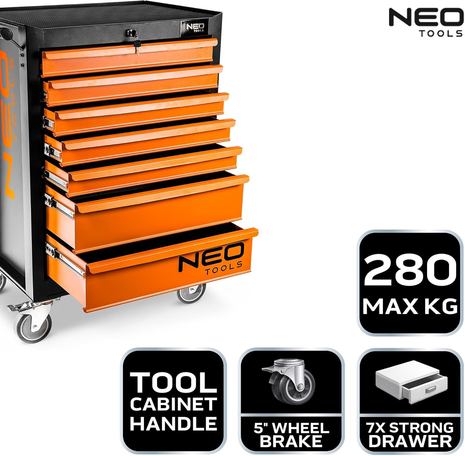 NEO TOOLS Werkzeugschrank 680x460x1030 mm, 7 Werkzeugschubladen, Belastbarkeit 280 kg, öl- und fettbeständiges Oberteil, Zentralverriegelung, Schubladenverriegelung, 5