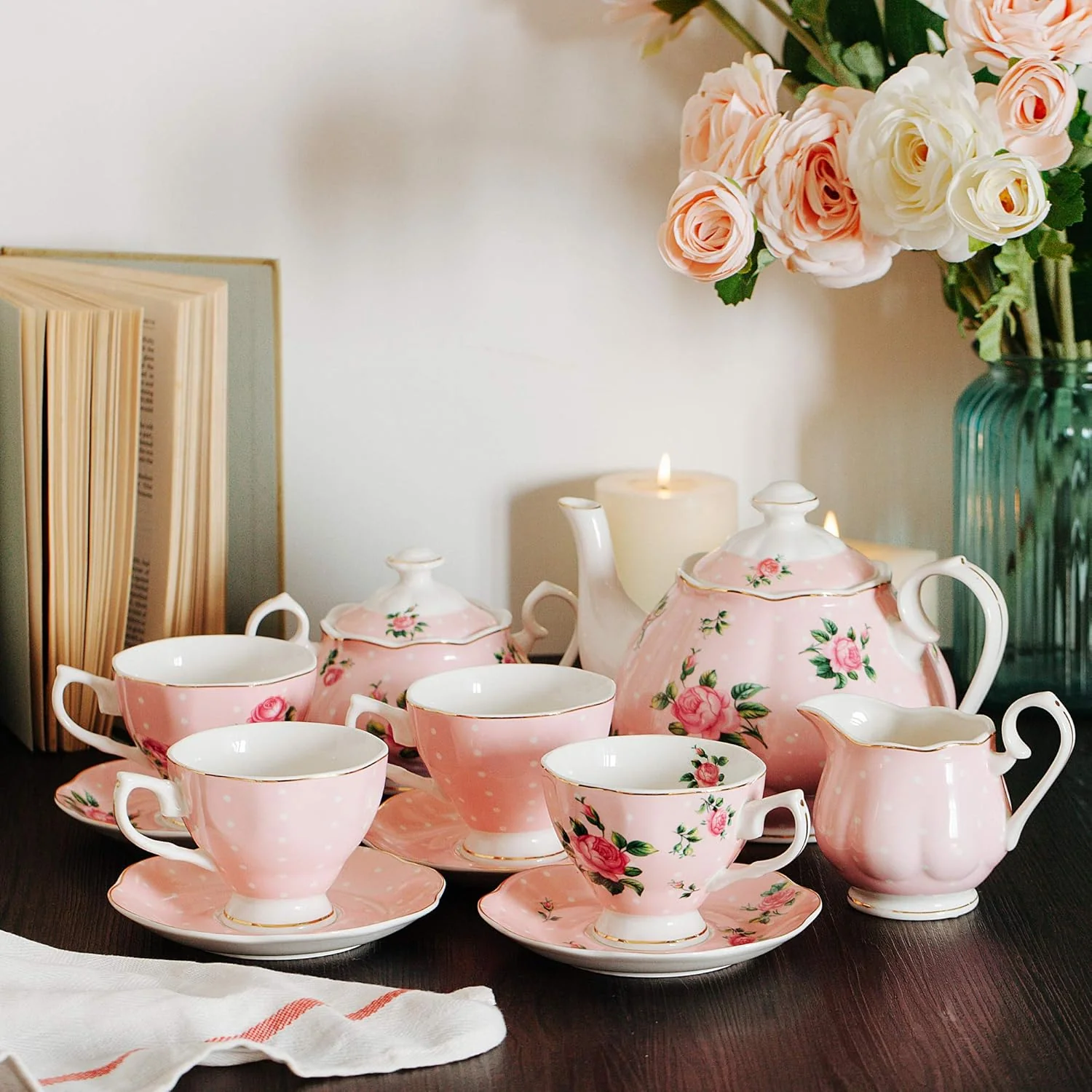 BTaT- Floral Tea Set, Tea cups (8oz), Tea Pot (38oz), Creamer and Sugar Set, Gift box, China Tea Set, Tea Sets for Women, Tea Cups and Saucer Set, Tea Set for Adults, Christmas Gifts