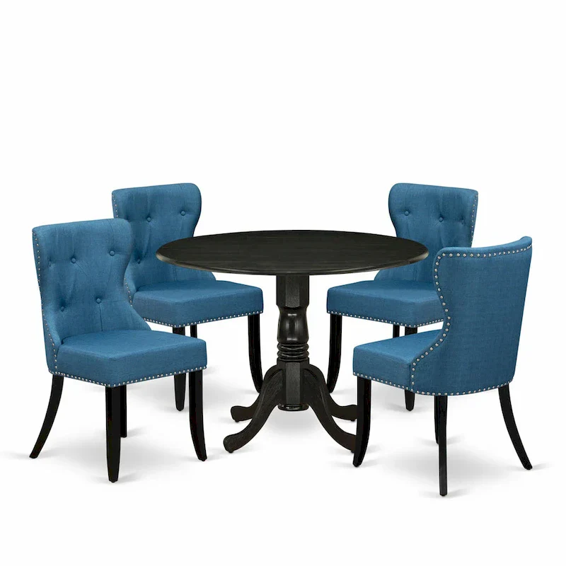East West Furniture Round Kitchen Table Set - Black Wire-Brushed Finish with Blue Linen Chairs (Multiple Piece Options)