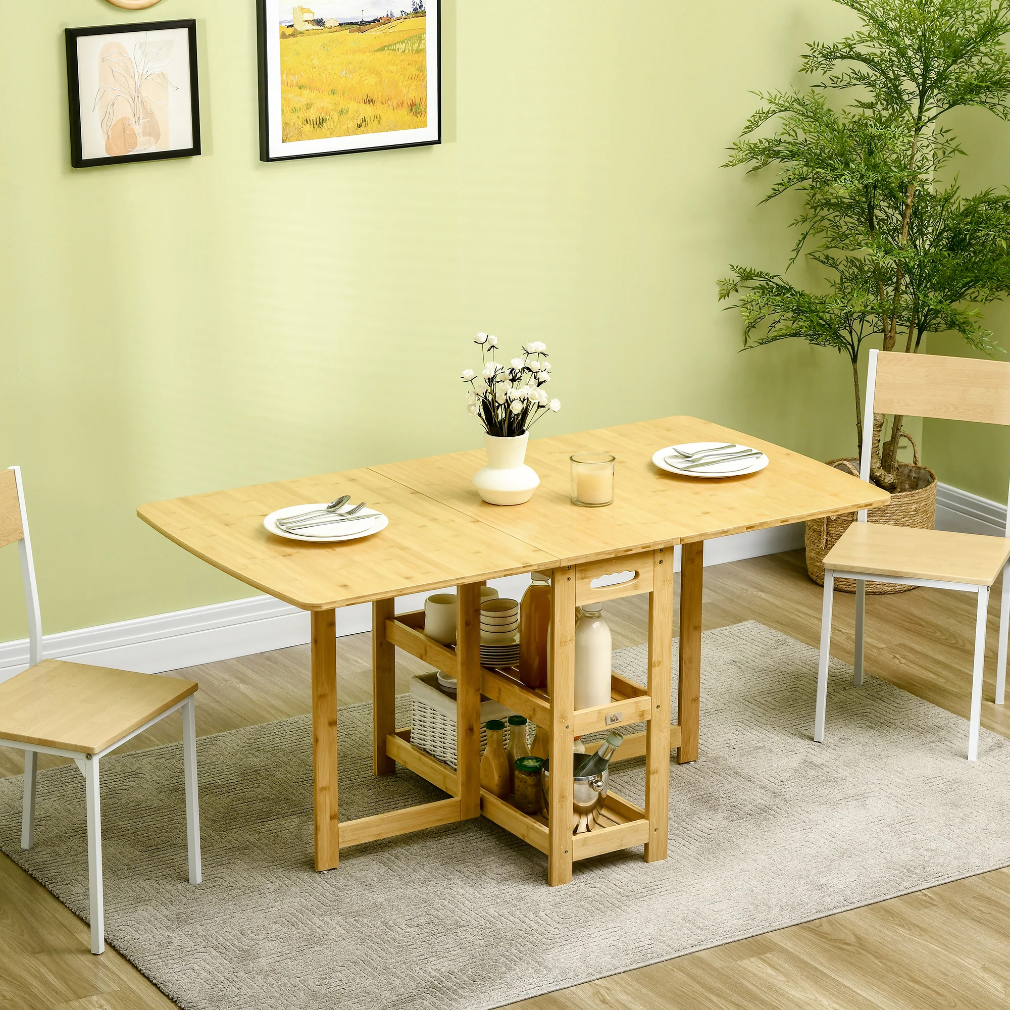 HOMCOM eettafel klaptafel met opbergvakken eetkamertafel keukentafel naturel hout