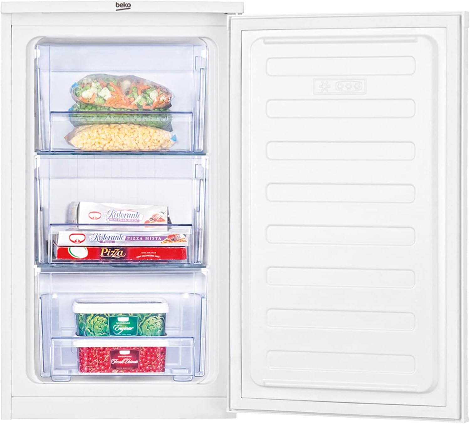 Beko FS166020 Gefrierschrank, freistehend, unterbaufähig, 65 l Nettovolumen, 3 kg/24h Gefrierkapazität, 3 Schubladen, MinFrost, wechselbarer Türanschlag, in unbeheizten Räumen nutzbar, Weiß
