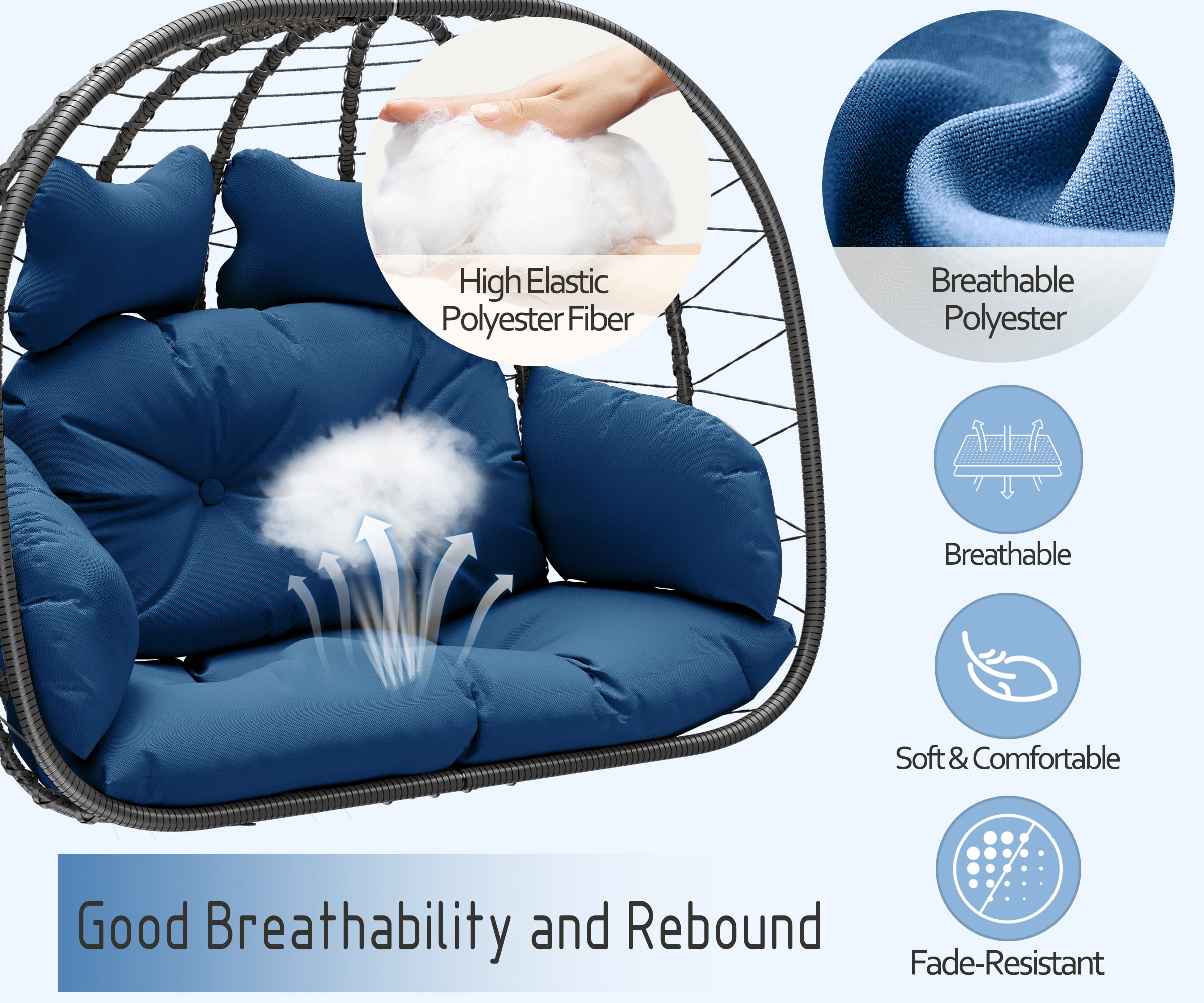 Bifanuo Double Wicker Swing Egg Chair Hammock Foldable Hanging Loveseat with Stand, UV Resistant Removable Cushions, 700LBS Capacity for Bedroom, Balcony (Black and Beige)