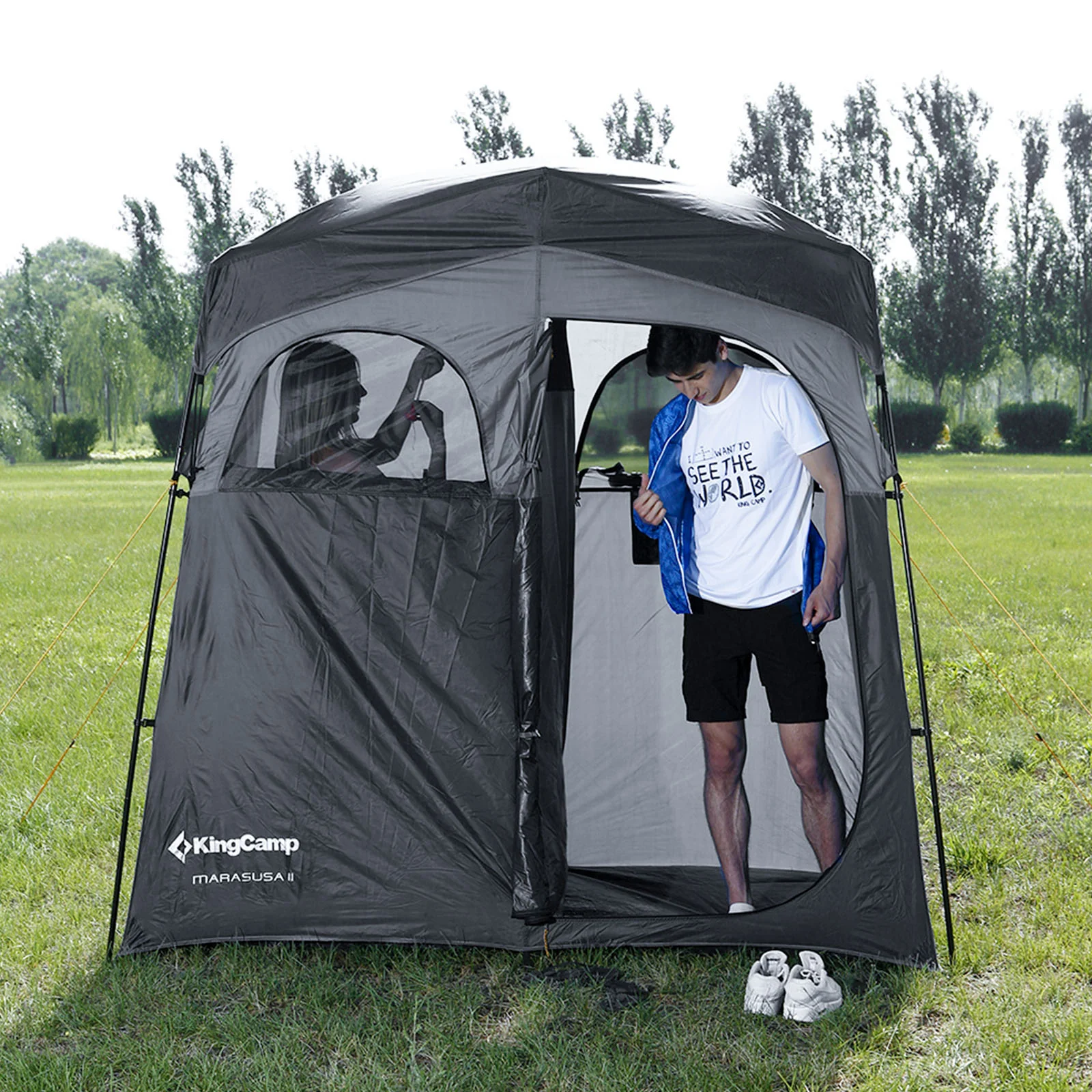 2025 KingCamp Marasusa II – Tienda multifuncional con 2 cabinas, ducha y cabina de prueba con separación, tendedero, protección UV y buena ventilación