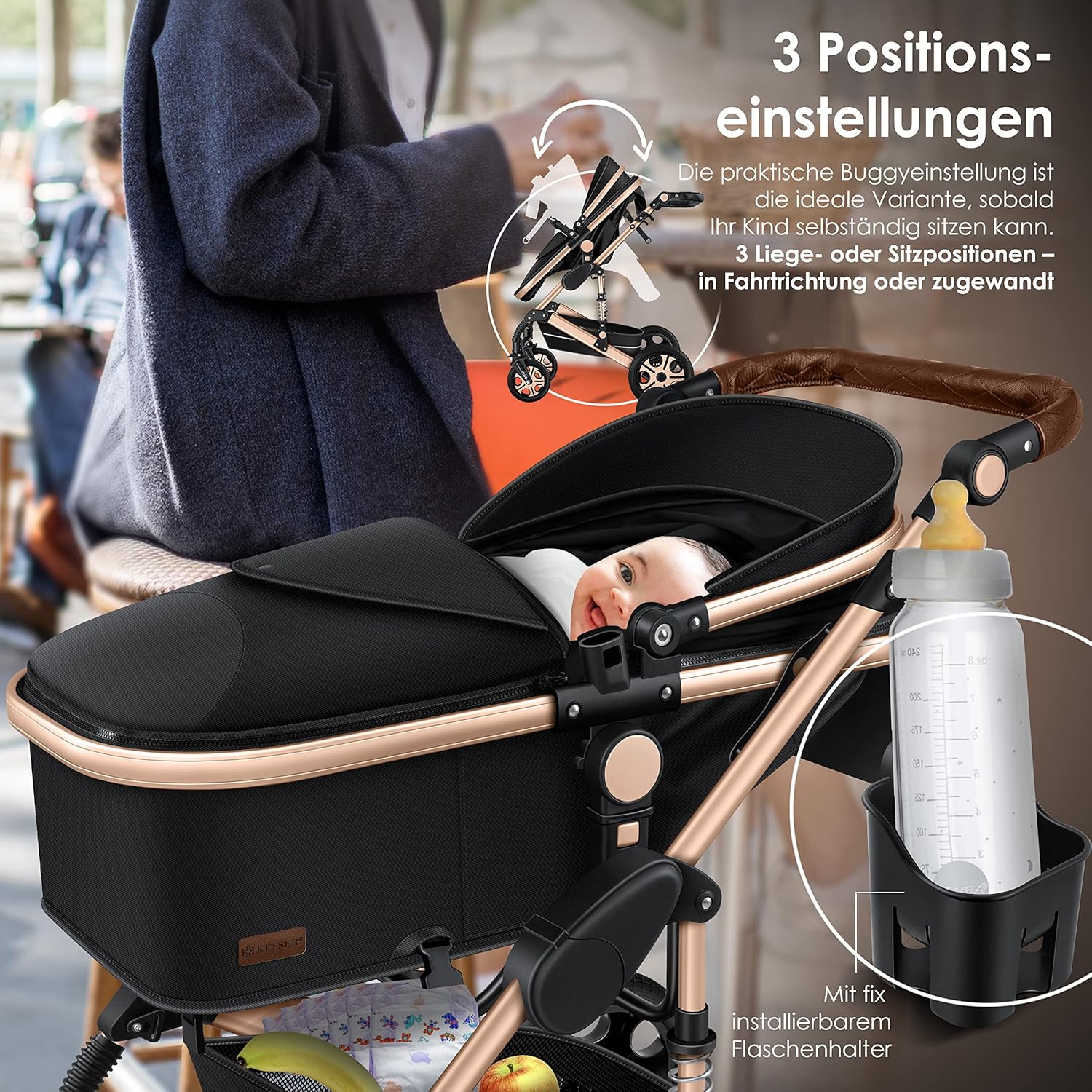 KESSER® Loops 3 in 1 Kinderwagen Kombikinderwagen Komplett-Set inkl. Babywanne & Buggy Sportsitz & Auto-Babyschale Voll-Gummireifen Wickeltasche Regenschutz Kindertisch ECE R129, Grau/Silber