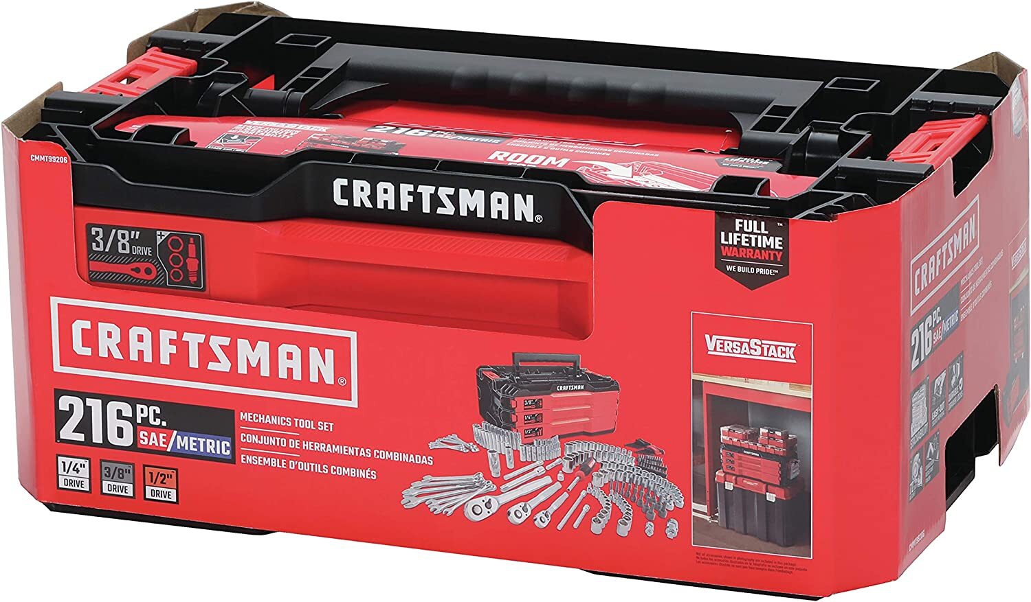 CRAFTSMAN Mechanics Tools Kit, 216-Piece with 3-Drawer Box, Chrome Finish, 72-Tooth Ratchets, 6-Point Sockets, VERSASTACK Compatible