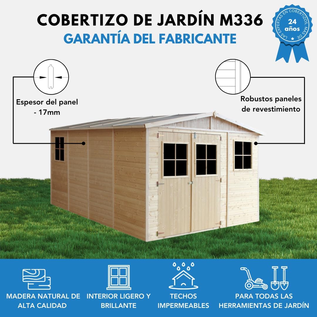 Wooden Garden Shed with Treated Floor – 324 x 416 cm/12 m² Natural Wood Shed – Garden Workshop – Bicycle, Tool Storage TIMBELA M336+M336G