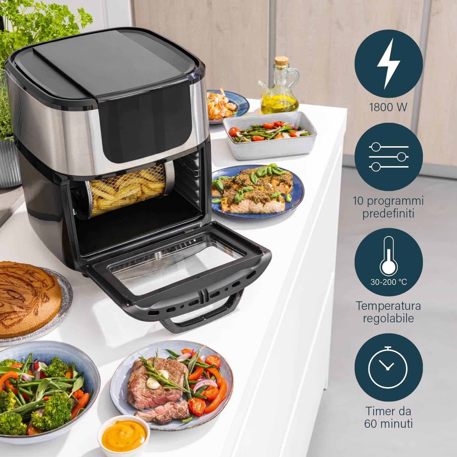 Princess Deluxe Oven Air Fryer - 11L - 1800W - Digital Touch Screen - 10 Preset Programs - Poultry and Basket Included - Stainless Steel - 182075