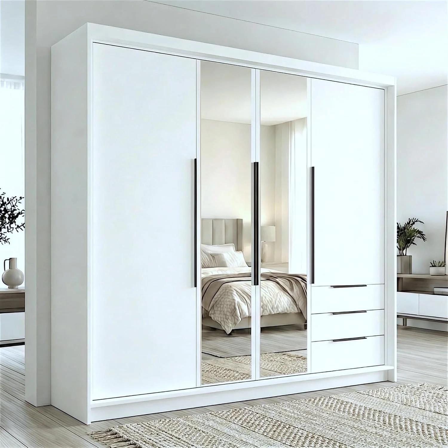 2026 A und J MöbelLand VIVO Kleiderschrank 4-türig mit Spiegel und Schubladen - 200 x 215 cm - Drehtürenschrank mit Kleiderstange und Einlegeböden