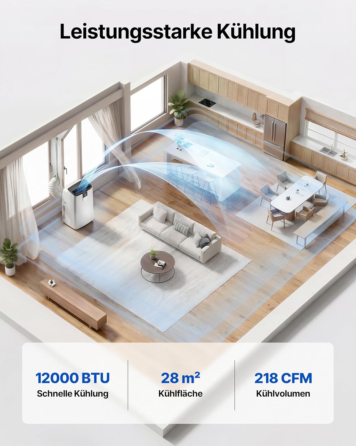 Mobile Klimaanlage 12000BTU mit Abluftschlauch | 4-in-1 Mobiles Klimagerät mit Fensterabdichtung | APP-Steuerung + Fernbedienung | Leiser Betrieb | 24h-Timer
