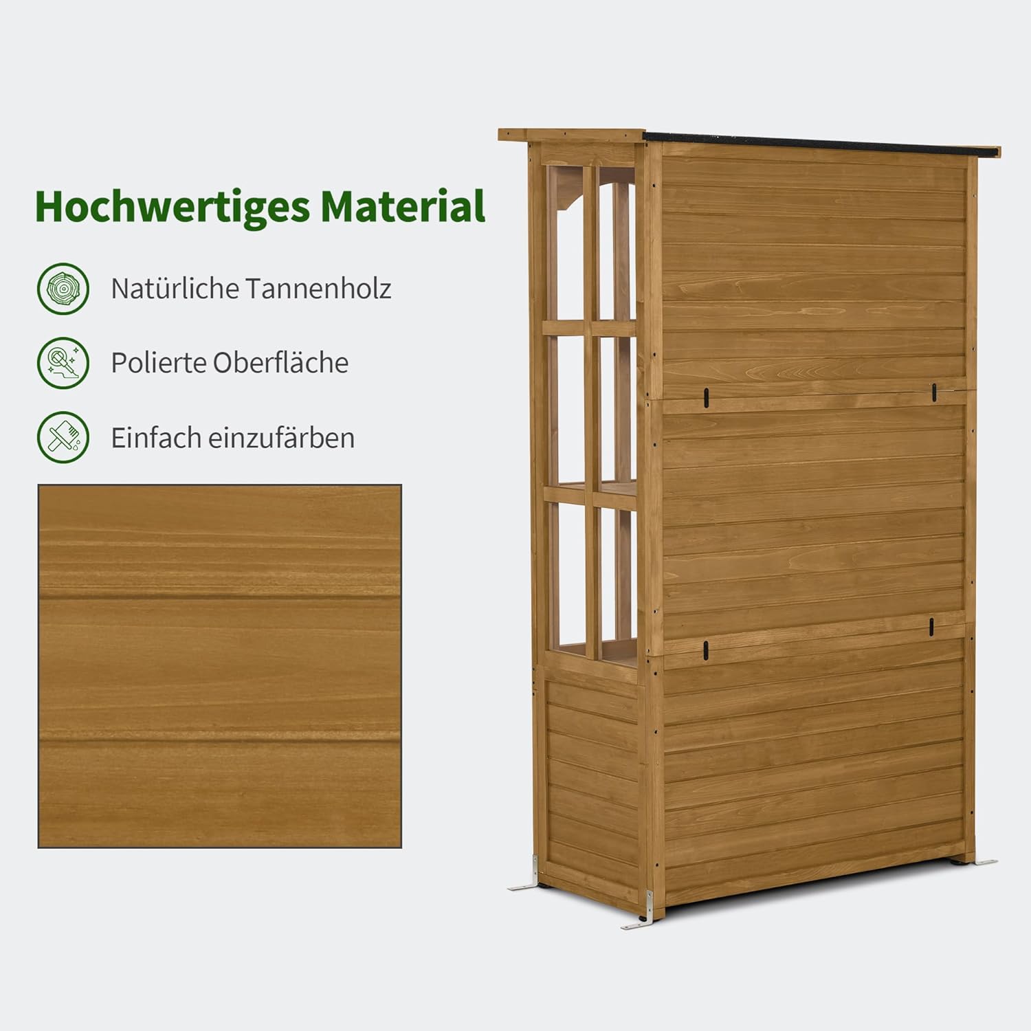 M MCombo Gartenschrank Gartenhaus Holz Wetterfest, Geräteschrank Gerätehaus Outdoor, für Außenbereich Balkon Terrasse, Gartenhütte mit 2 Bewegliche Regale, 58×107×180 cm, 1155 (Natur)