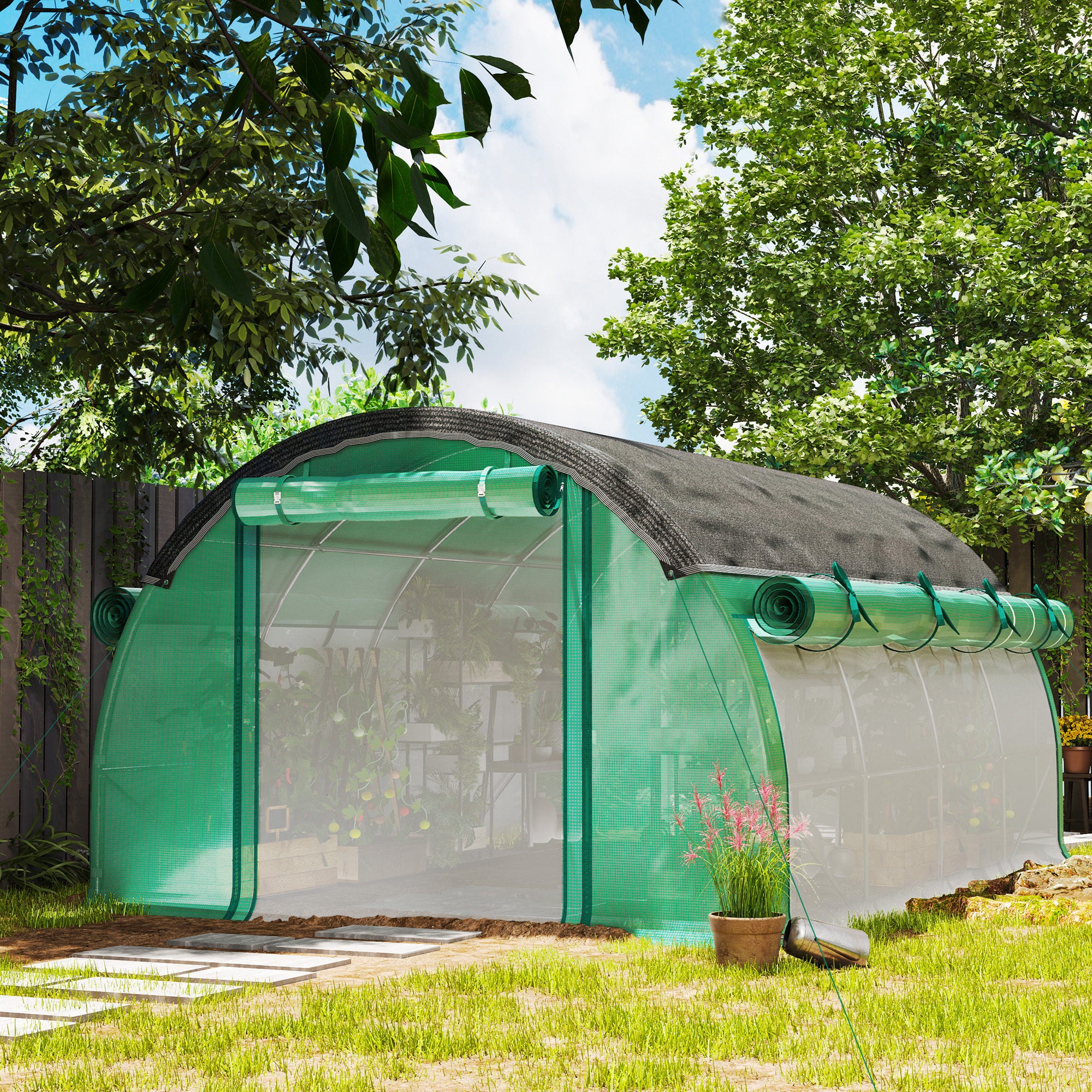 Outsunny 4 x 3 x 2 m Polykastunnel met Zonneschermnet, Oprolbare Zijwanden, Plastic Afdekking, Stalen Frame, Groen