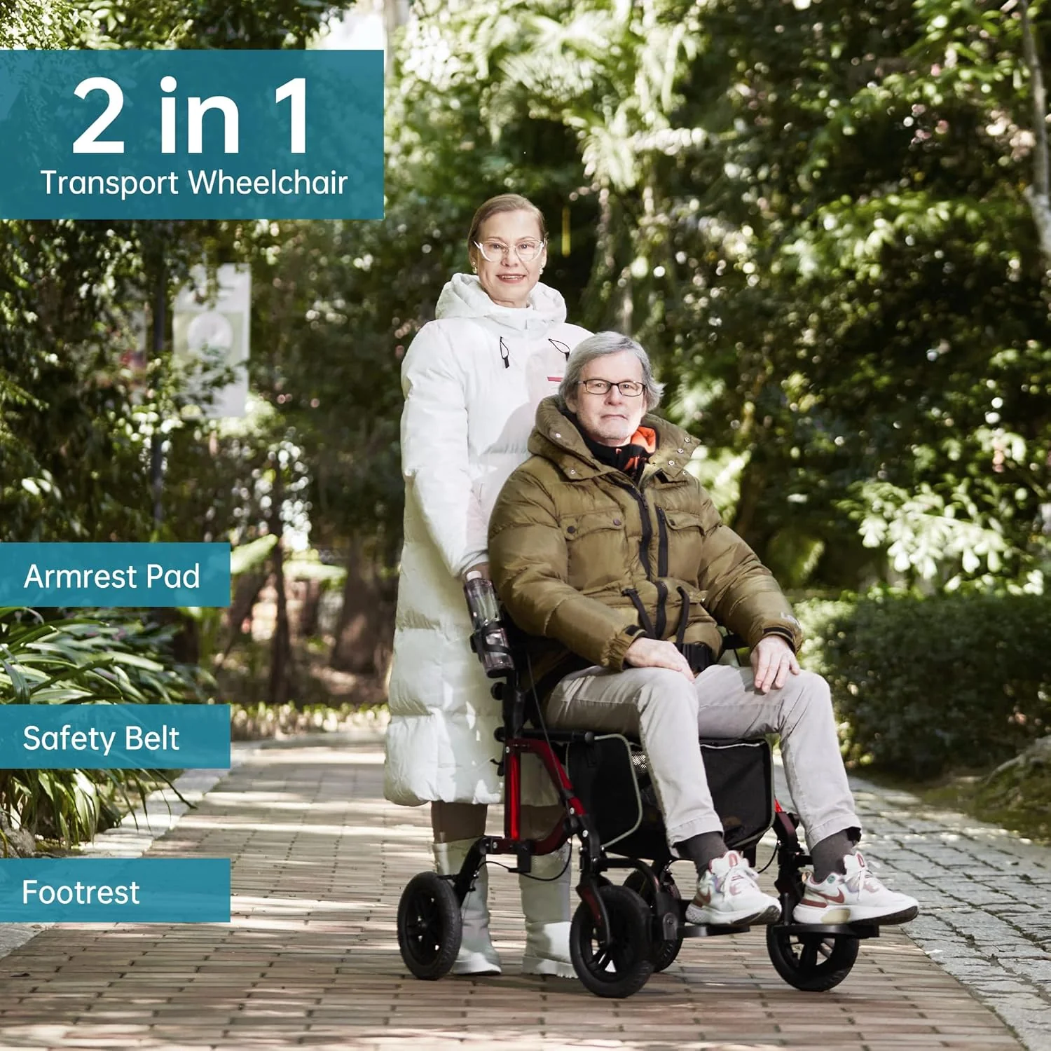 Gel?ndeg?ngiger 2-in-1-Rollator und Transportstuhl, zusammenklappbarer Rollstuhl mit luftlosen 10-Zoll-R?dern f��r Senioren, umkehrbare R��ckenlehne und abnehmbare Fu?st��tzen, blau