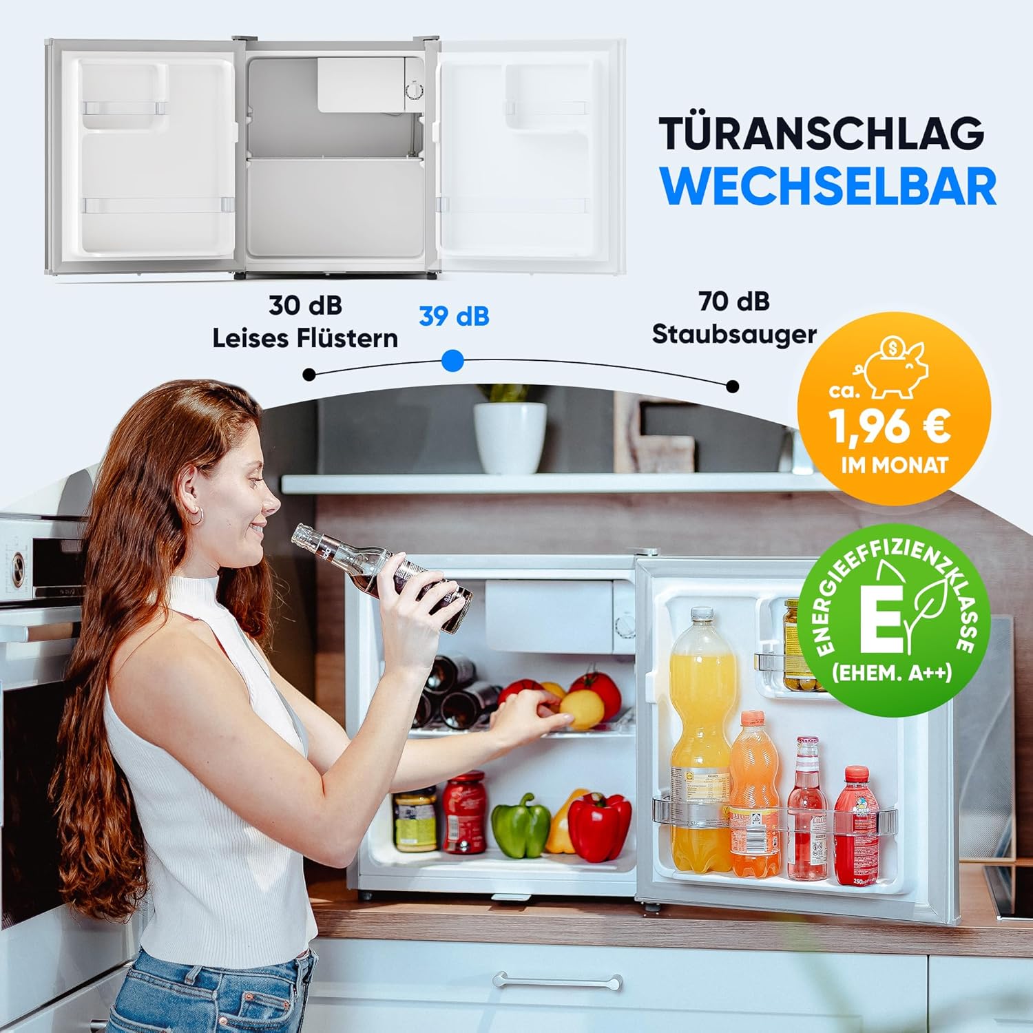 Stillstern Mini Kühlschrank E 45L mit Abtauautomatik, Schloss, Frostfach, Leise, Ideal für Küche, Büro, Schlafzimmer, Hotels und kleine Wohnungen Kühlschrank klein Minibar Getränkekühlschrank