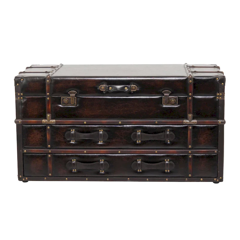 Roche River Decor Faux Leather or Linen Fabric Coffee Table Trunk with 2 Drawers and Buckle Hinged Top - Available in Dark Blue or Brown