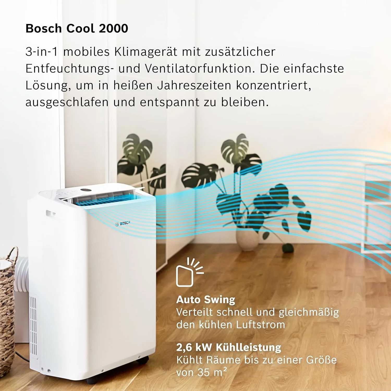 Bosch Cool 4000 Climatizzatore Mobile - 3-in-1: Climatizzatore, Deumidificatore, Ventilatore - 2,6 kW per ambienti fino a 35m² - Con modalità automatica, silenziosa e notturna