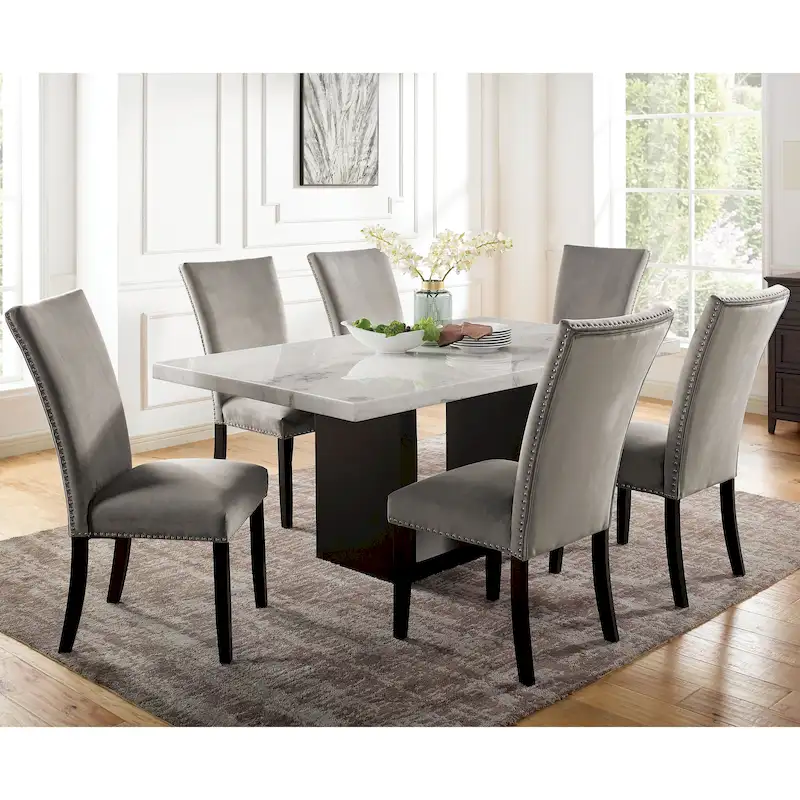 Transitional Light Grey 7-Piece Marble Top Dining Set - Cots Collection by Furniture of America