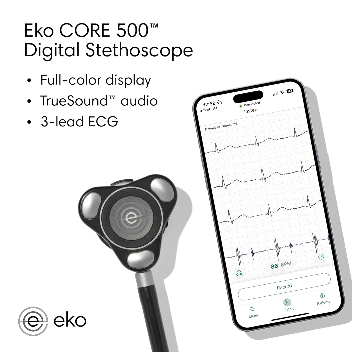 Eko Digital Stethoscope, Combining Audio with 3-Lead ECG and a Full-Color Display