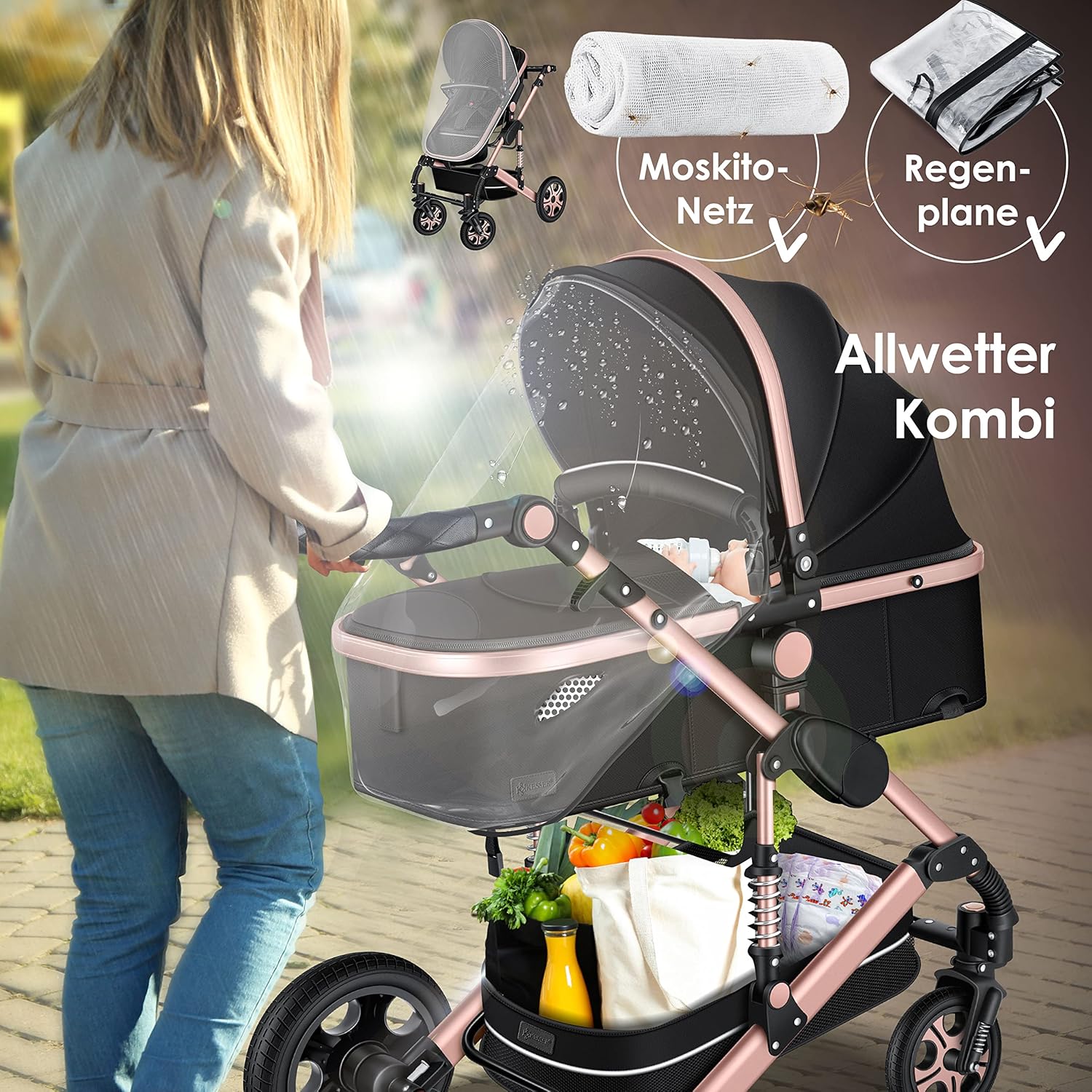 KESSER® Loops 3 in 1 Kinderwagen Kombikinderwagen Komplett-Set inkl. Babywanne & Buggy Sportsitz & Auto-Babyschale Voll-Gummireifen Wickeltasche Regenschutz Kindertisch ECE R129, Grau/Silber