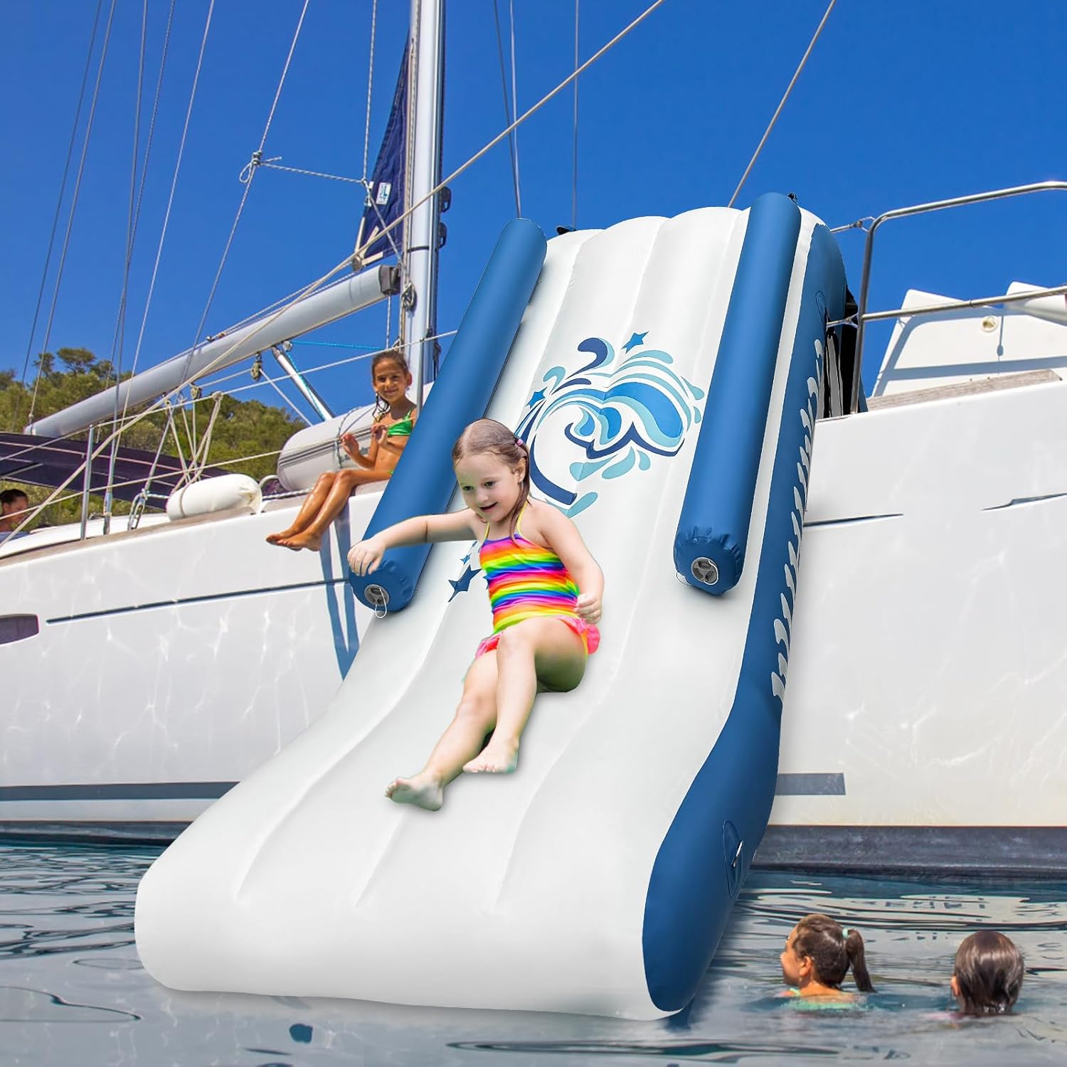 Pontoon Waterfall Slide, Inflatable Pontoon Boat Water Slide for Kids Backyard Pool Sea, Electric Air Pump & Storage Bag