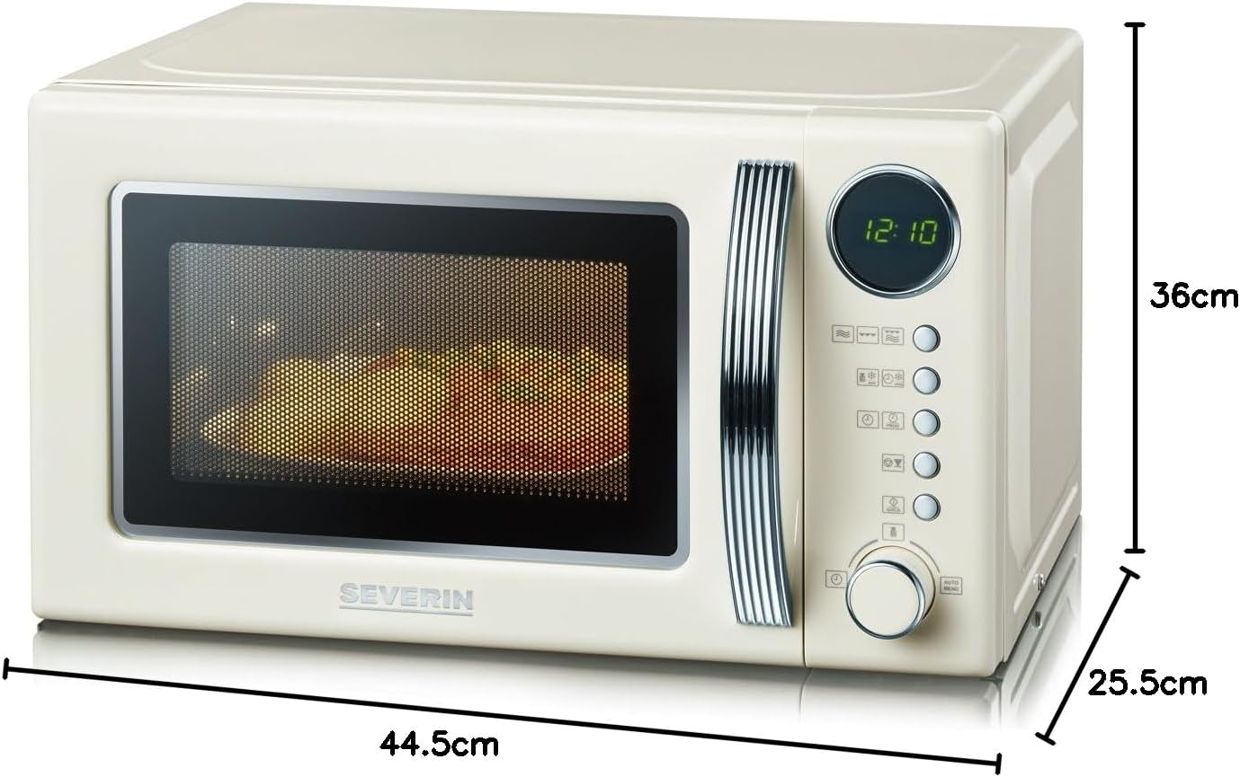SEVERIN 2-in-1 Retro Mikrowelle mit Grillfunktion, Grillofen mit 5 Leistungsstufen und 8 Automatikprogrammen, hochwertige Mikrowelle mit Grill, ca. 700 W, creme / chrom, MW 7892