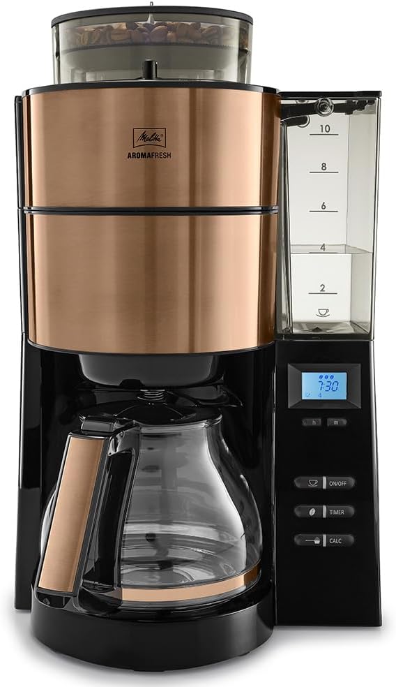 Melitta AromaFresh - Filterkaffeemaschine - mit Glaskanne - integriertes Mahlwerk - Timer Funktion - 10 Tassen - Pure Black