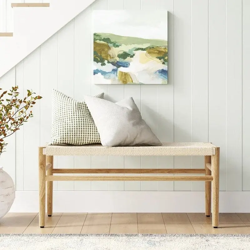 Mieres Boho-Inspired Solid Wood Bench with Woven Rope Seat - Mid-Century Modern Indoor Ottoman with Rubber Wood Legs for Home Office