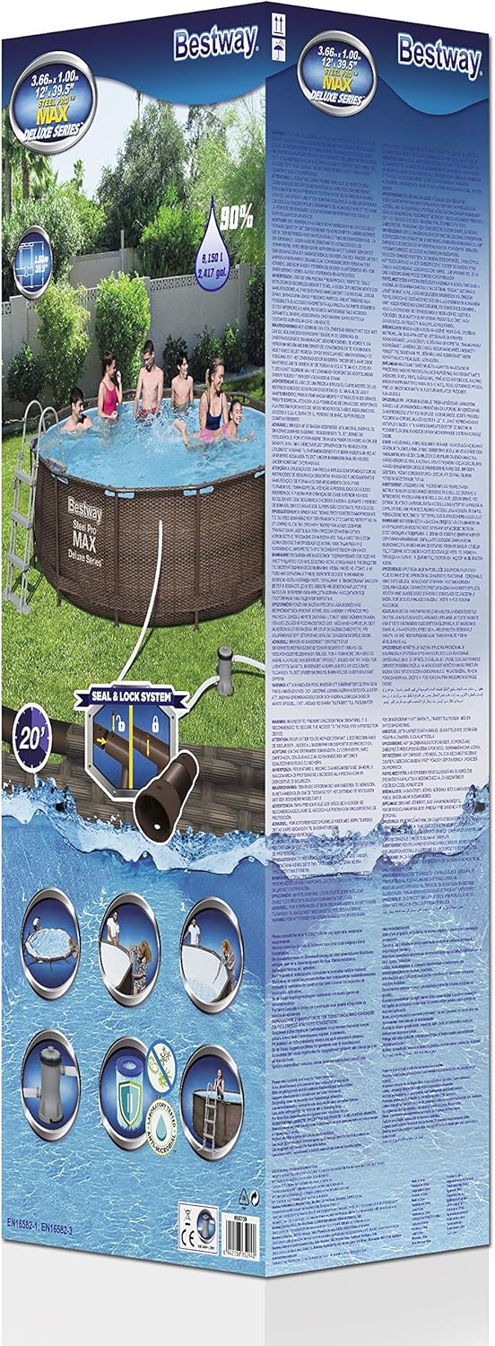 Bestway Power Steel Deluxe 366 x 100 cm, Piscina Redonda con Marco de Acero Estable en Juego Completo, ratán, Color Marrón
