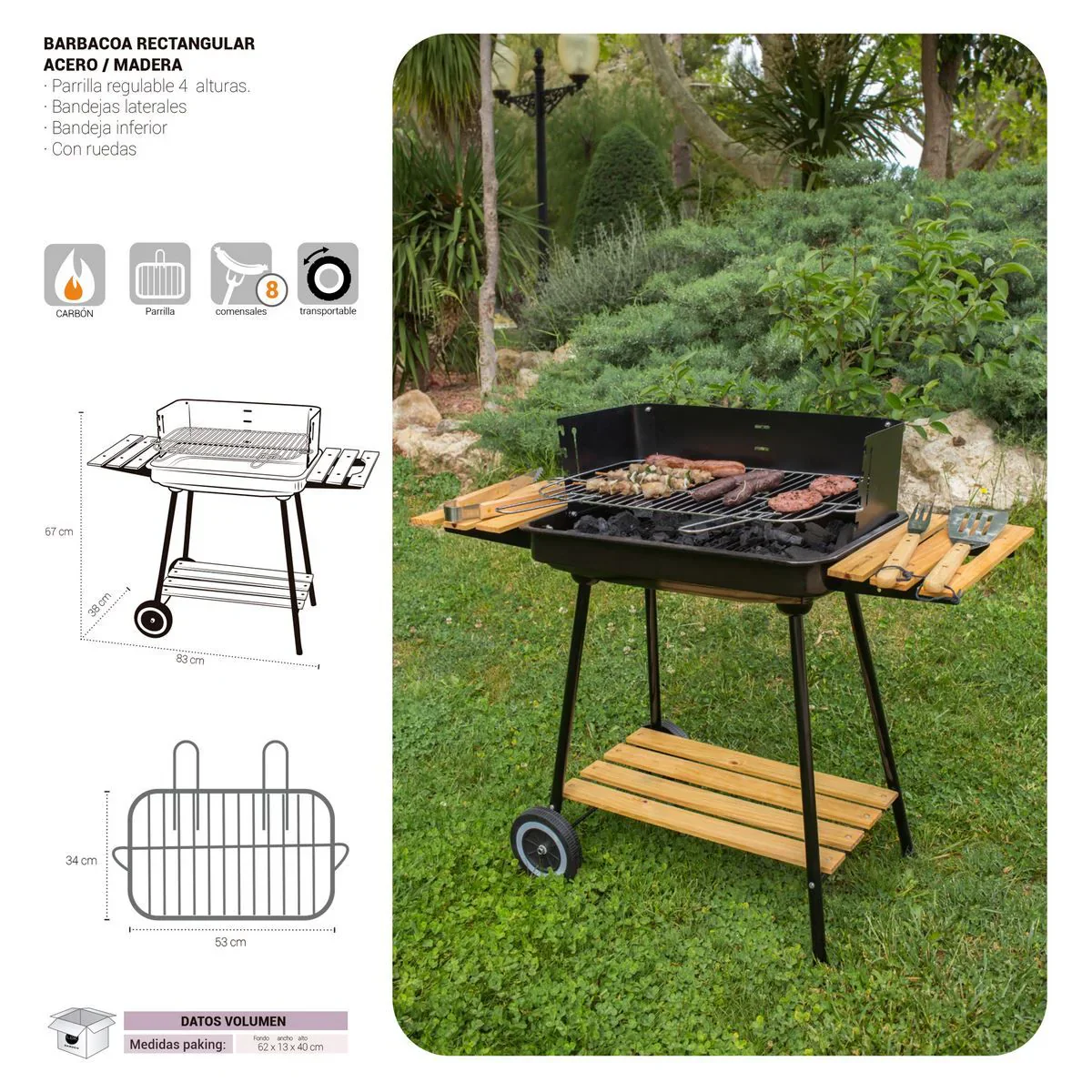 Barbacoa De Carbón Chiara Con Parrilla De Acero Negra De 67x38x83 Cm
