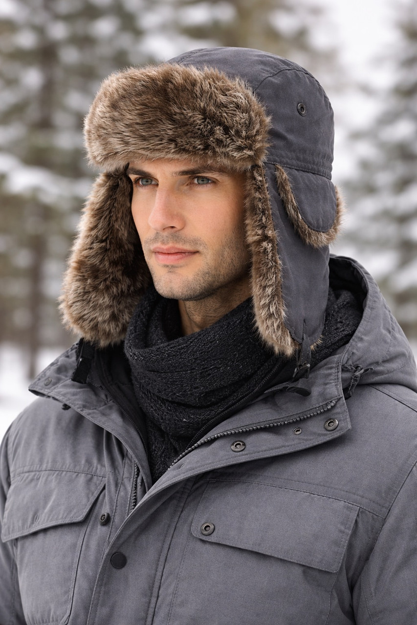 Grey Trapper Hat | Brown Fur 5831G  22.5