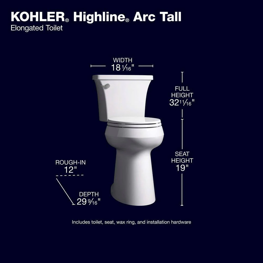 Inodoro KOHLER Extra Alto Highline Arc de Dos Piezas con Descarga Simple 1,28 GPF, Alargado, Blanco (Asiento Incluido)