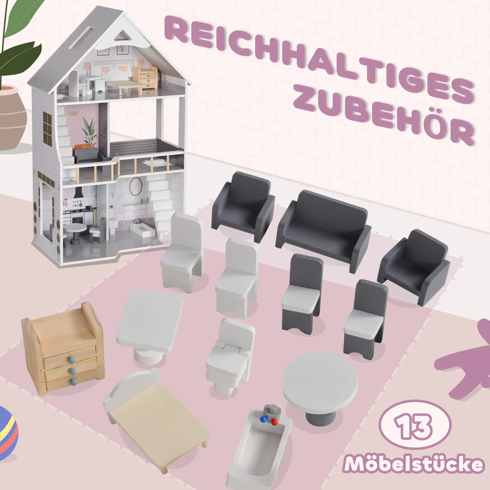 AIYAPLAY Puppenhaus Holz 3-stöckig mit 13 Möbeln offenes Spiel