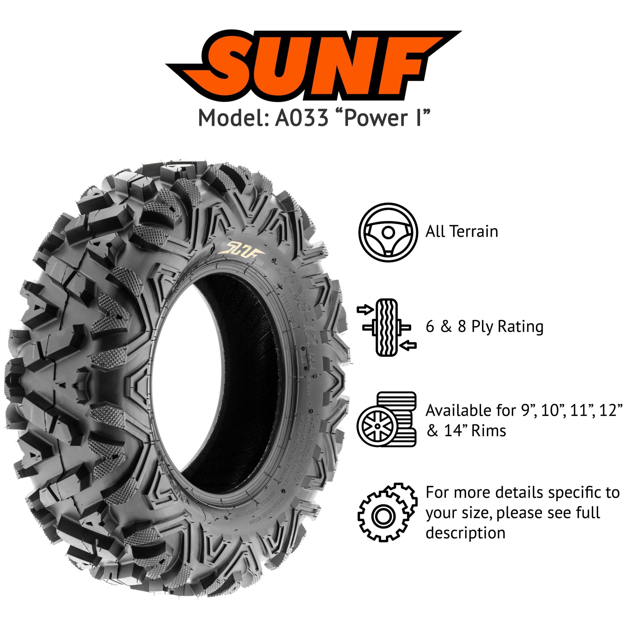 SunF All Terrain ATV UTV Tires 25×8-12 and 25×10-12 6 PR A033 (Complete Full Set of 4)