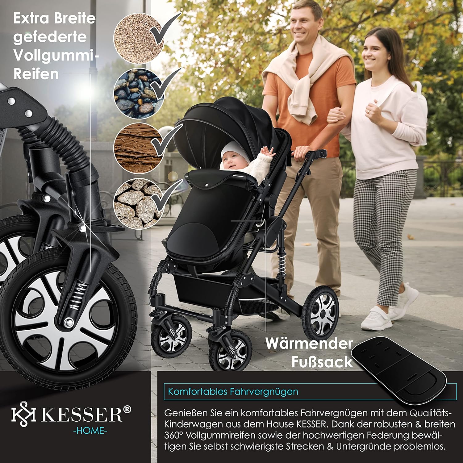 KESSER® Loops 3 in 1 Kinderwagen Kombikinderwagen Komplett-Set inkl. Babywanne & Buggy Sportsitz & Auto-Babyschale Voll-Gummireifen Wickeltasche Regenschutz Kindertisch ECE R129, Grau/Silber