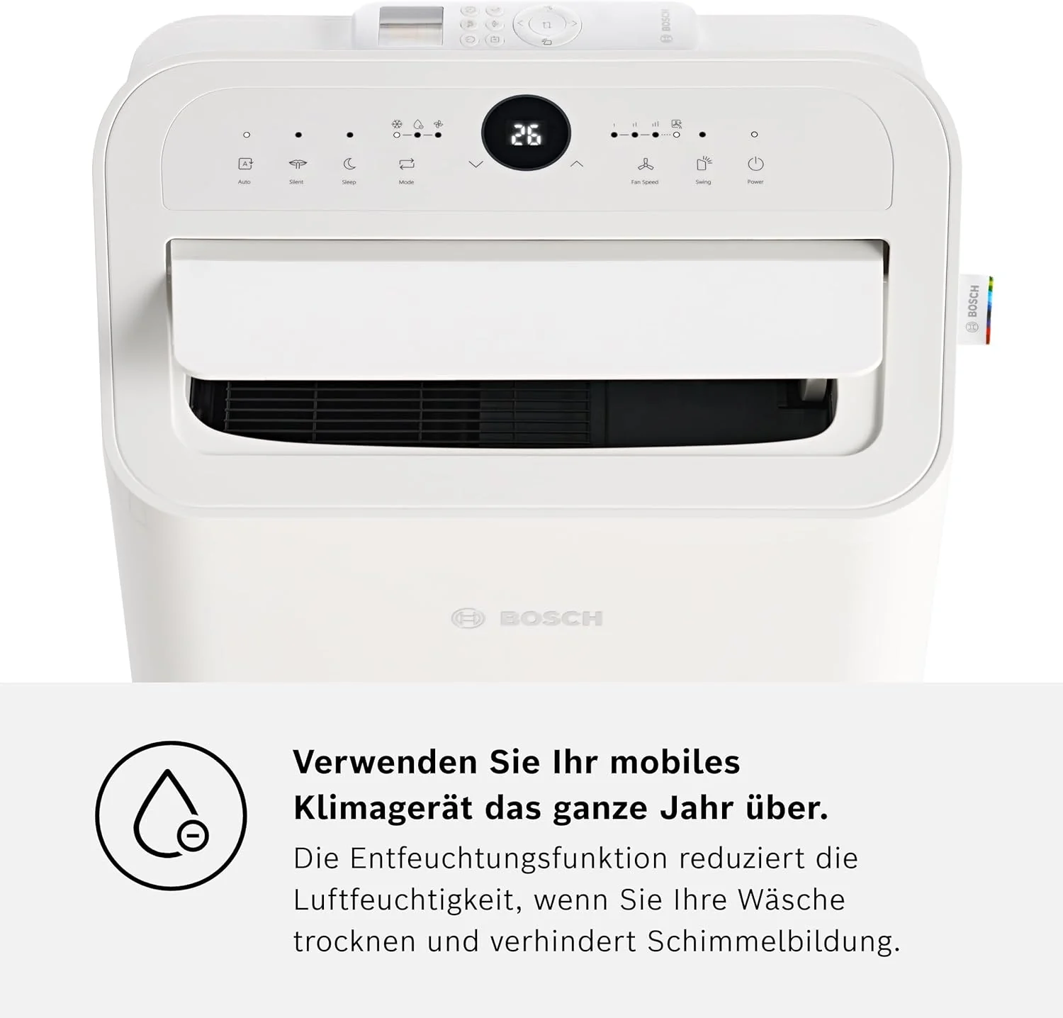 Bosch Cool 4000 Mobiles Klimagerät - 3-in-1: Klimagerät, Luftentfeuchter, Ventilator - 2,6 kW für Räume bis zu 35m² - Mit Auto-Modus, Silent-Modus & Sleep-Modus
