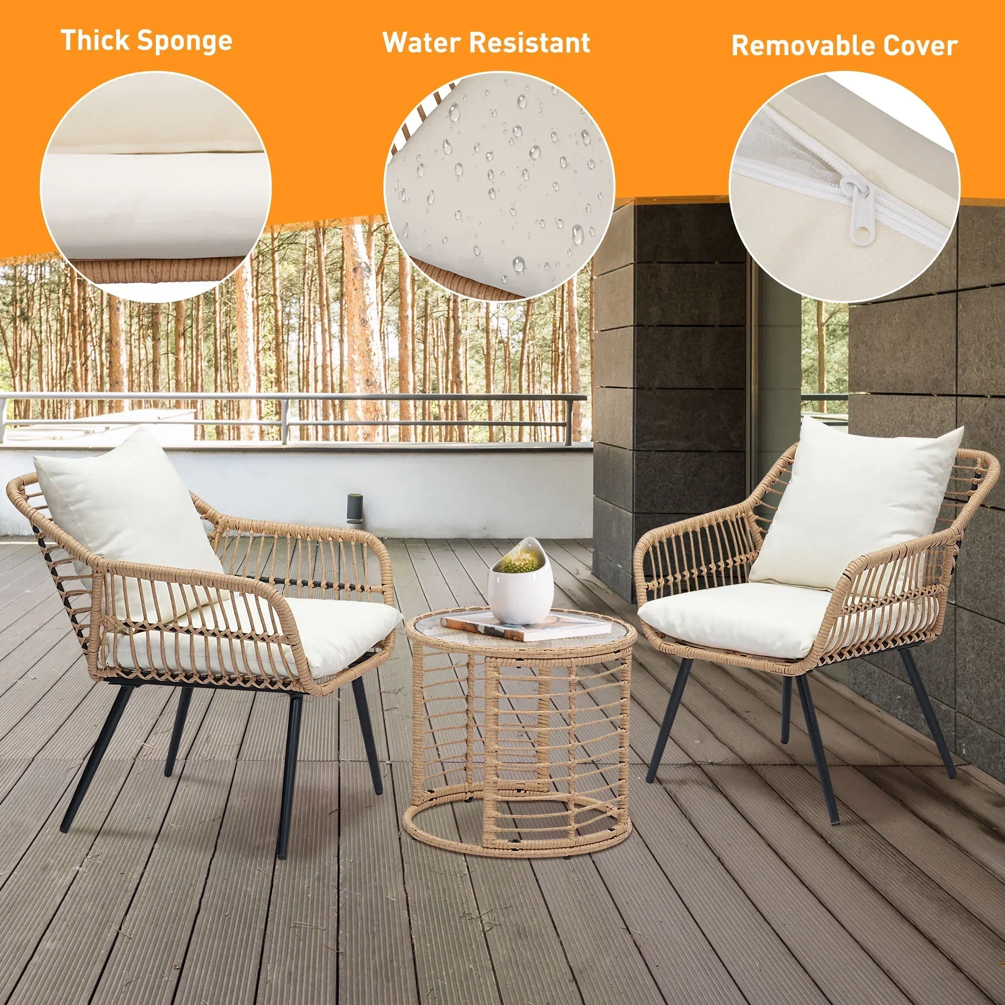 3-Piece Steel Outdoor Bistro Sets with Metal Chairs and Glass Top Table, Beige