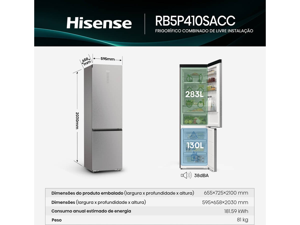 Frigorífico Combinado HISENSE RB5P410SACC (No Frost - 203 cm - Classe C - Inox)
